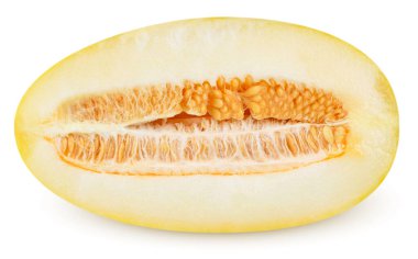 İzole kavun. Beyaz arkaplanda kırpma yolu ile izole edilmiş kavun meyvesi dilimi