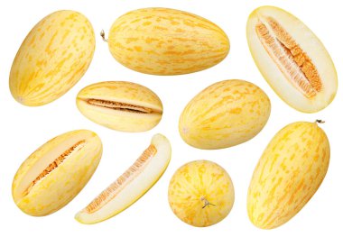 İzole kavun seti. Farklı bütün ve dilimlenmiş kavunların toplanması beyaz arkaplan kırpma yolunda izole edildi