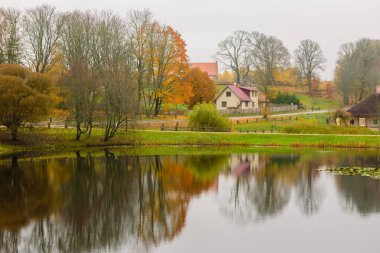 Letonya kırsalında. Gauja Ulusal Parkı, Sigulda, Letonya 'da güzel bir sonbahar manzarası