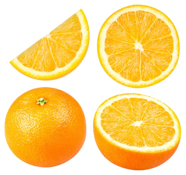 Vereinzelte Orangen Sammlung Von Ganzen Und Scheiben Geschnittenen Orangenfrüchten Isoliert Stockbild