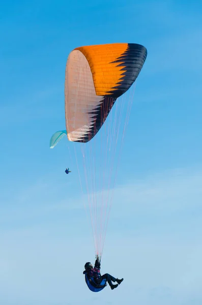 Paragliders Met Parachutes Vliegen Blauwe Hemel Tomsk Siberië Rusland — Stockfoto