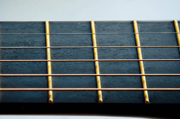 Close Pescoço Com Cordas Guitarra Madeira — Fotografia de Stock