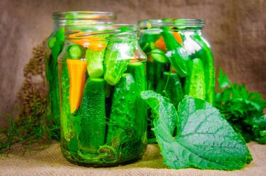 Cam kavanozlarda konserve salatalıklar ve arka planda bitkiler.