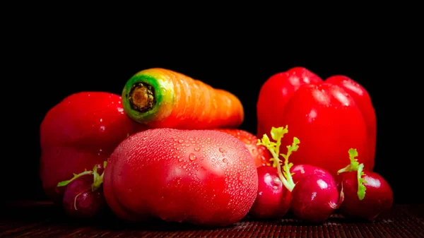 Sayuran Tomat Merah Matang Bawang Lada Bawang Bombay Wortel Oranye — Stok Foto