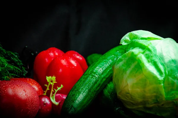 Rijpe Groenten Rode Tomaat Zoete Peper Dille Radijs Sinaasappel Wortelen — Stockfoto