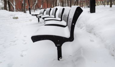 Bankları ve ağaçları olan bir parkta kışın kar yağar