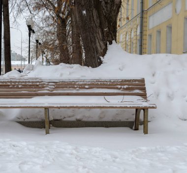 Bankları ve ağaçları olan bir parkta kışın kar yağar