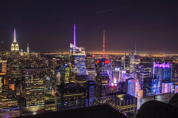 Aerial Panoramic Night View New York City Buildings Skyscrapers — Stock Photo, Image