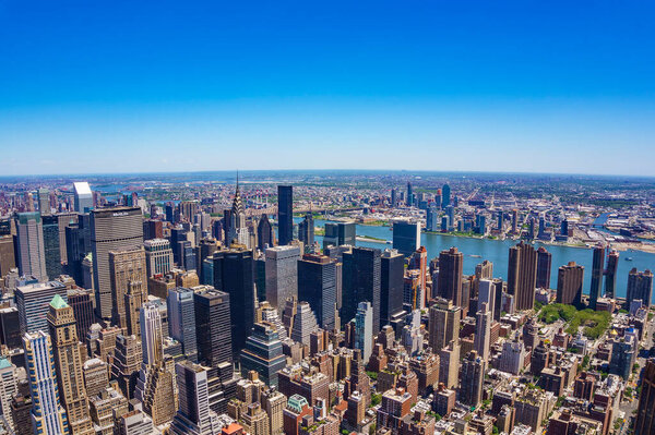Aerial panoramic view over New York city Buildings and skyscrapers