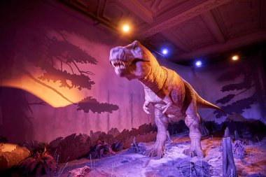 Tyrannosaurus Rex 'i hareket ettiriyorum. Doğal Tarih Müzesi 'nin içi. 1881 yılında kurulan müze, dünyanın dört bir yanından 80 milyon parçaya ev sahipliği yapıyor. Londra, İngiltere, İngiltere.