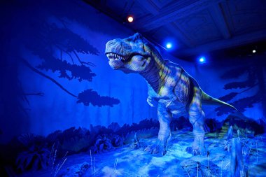 Tyrannosaurus Rex 'i hareket ettiriyorum. Doğal Tarih Müzesi 'nin içi. 1881 yılında kurulan müze, dünyanın dört bir yanından 80 milyon parçaya ev sahipliği yapıyor. Londra, İngiltere, İngiltere.