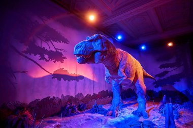 Tyrannosaurus Rex 'i hareket ettiriyorum. Doğal Tarih Müzesi 'nin içi. 1881 yılında kurulan müze, dünyanın dört bir yanından 80 milyon parçaya ev sahipliği yapıyor. Londra, İngiltere, İngiltere.