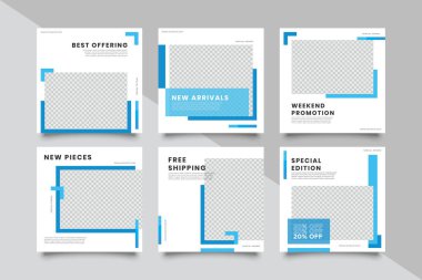  Düzenlenebilir en küçük kare pankart şablonu seti. Mavi ve beyaz arka plan renk şekli. Moda sosyal medya paylaşımı, internet reklamları, sosyal medya için uygun. Fotoğraf alanı ile vektör illüstrasyonu.
