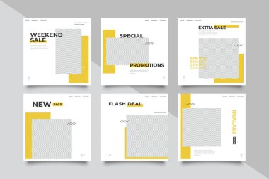 Basit sosyal medya ileti şablonu, çizgili çizgi şekilli sarı arkaplan rengi. Sosyal medya paylaşımı ve internet reklamları için uygun. Fotoğraf okuluyla vektör illüstrasyonu