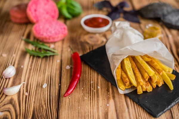 Tasty French Fries Vegetables Dark Background Fast Food Can Used — Stock Photo, Image