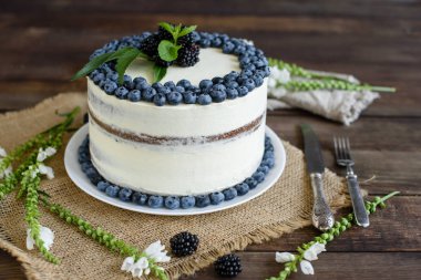 Güzel lezzetli kek beyaz krema ve yaban mersini, çilek