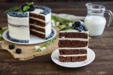 Güzel lezzetli kek beyaz krema ve yaban mersini, çilek