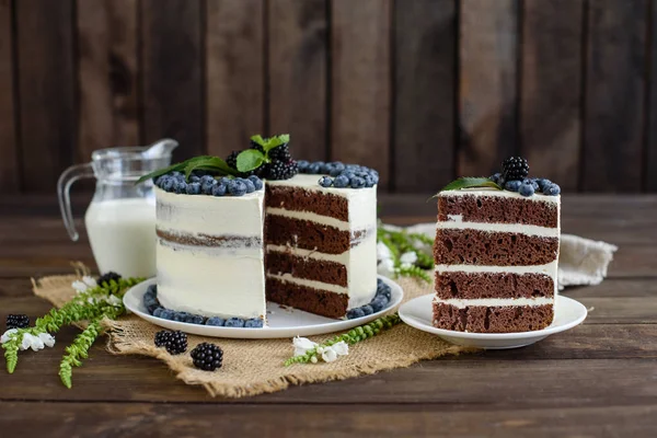 Beautiful Tasty Cake White Cream Berries Blueberry — Stock Photo, Image