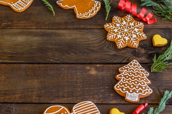 Christmas Homemade Gingerbread Cookies Wooden Table — Stock Photo, Image