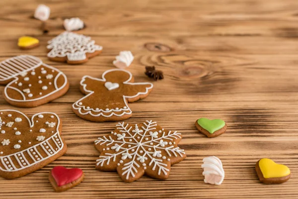 Christmas Homemade Gingerbread Cookies Wooden Table — Stock Photo, Image