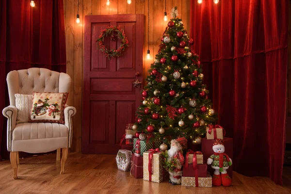 Kerst Interieur Met Geschenkdozen Kerstmis Branden Het Kan Worden Gebruikt — Stockfoto