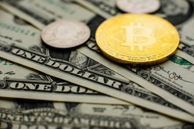 Bitcoin, para birimi, dijital, finans, ekonomi. Altın bitcoin sikke bize dolar üzerinde Kapat
