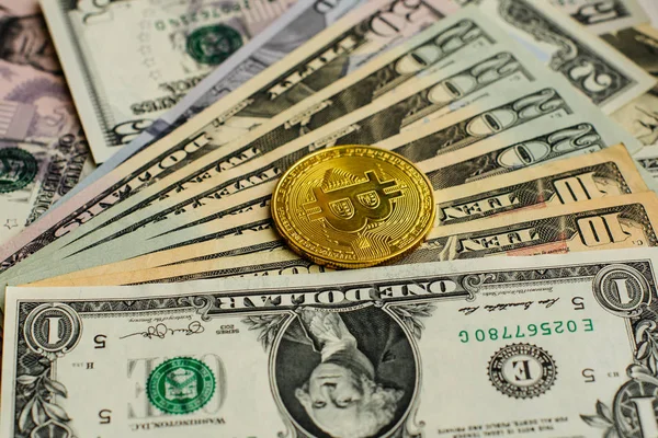 Bitcoin Moneda Digital Finanzas Economía Bitcoin Oro Nosotros Dólares Cerca — Foto de Stock
