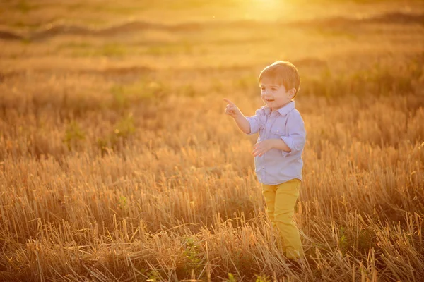 Der Kleine Liebliche Junge Auf Dem Feld Mit Strohgarben — Stockfoto