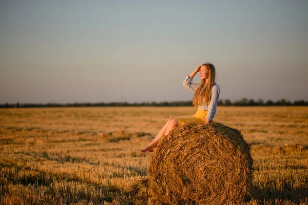 Beautiful Young Girl Field Harvesting Time Background Sheaves Straw — Stock Photo, Image