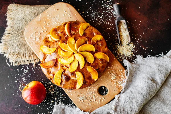 Food, dessert, pastries, pie. Tasty beautiful apple pie on a concrete background