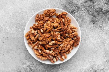 Ceviz kapatın. Kahvaltı, sağlıklı gıda. Arka plan olarak kullanılabilir