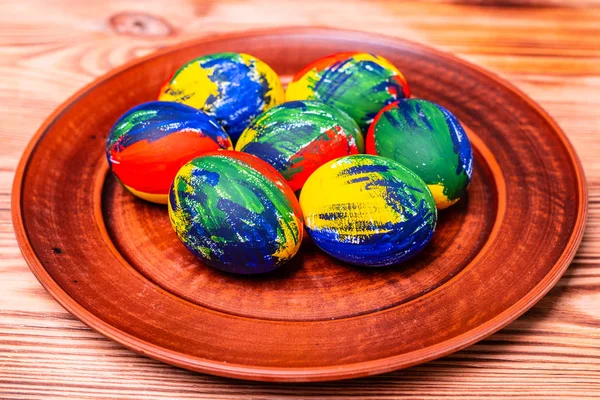 Easter Multi Colored Eggs Paints Brush Table Preparation Holiday — Stock Photo, Image