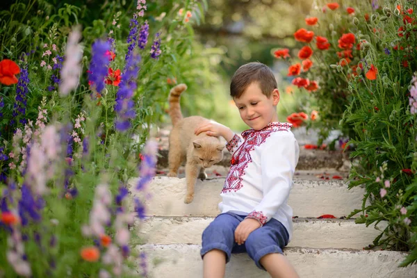 Pretty Brunette Boy Years Old Traditional Costume Poppy Field Summer — Stock Photo, Image