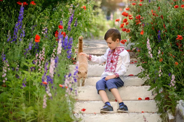 夏にポピー畑で伝統的な衣装でかわいいブルネットの男の子5 — ストック写真