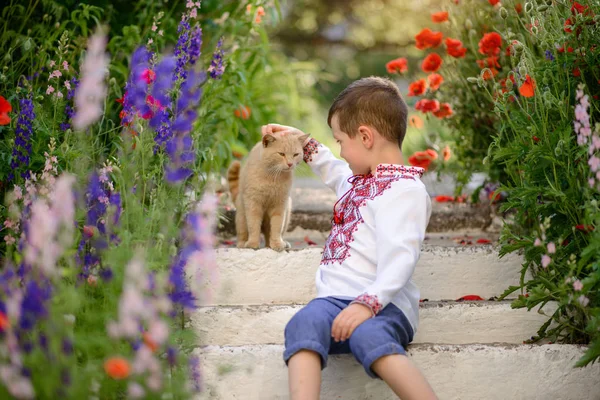 Pretty Brunette Boy Years Old Traditional Costume Poppy Field Summer — Stock Photo, Image