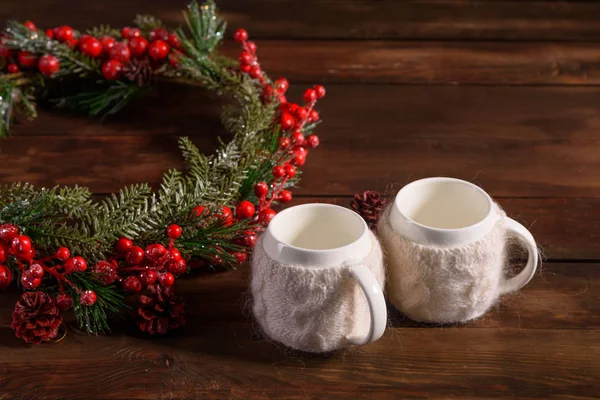 Christmas Holiday Table Cups Fragrant Tea Eve New Year Preparation — Stock Photo, Image