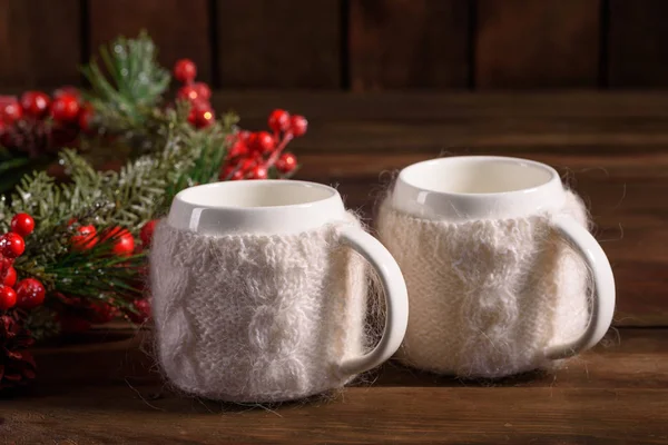 Christmas Holiday Table Cups Fragrant Tea Eve New Year Preparation — Stock Photo, Image