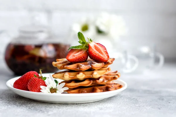 Delicious Fresh Baked Belgian Waffles Berries Fruit Concrete Background — Stock Photo, Image