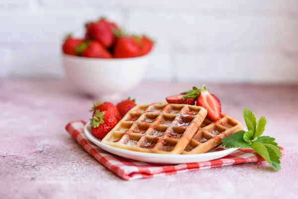 Delicious Fresh Baked Belgian Waffles Berries Fruit Concrete Background — Stock Photo, Image