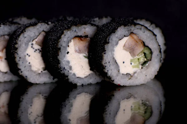 Fresh Sushi Rolls Prepared Best Varieties Fish Seafood Japanese Cuisine — Stock Photo, Image