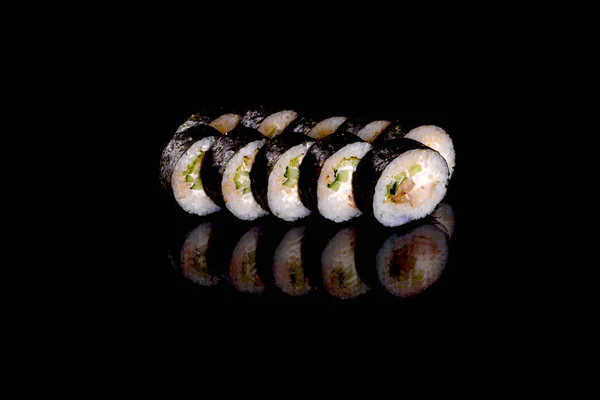 Fresco Delizioso Bel Sushi Rotoli Uno Sfondo Scuro Elementi Cucina — Foto Stock