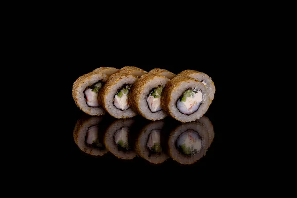 Fresco Delizioso Bel Sushi Rotoli Uno Sfondo Scuro Elementi Cucina — Foto Stock