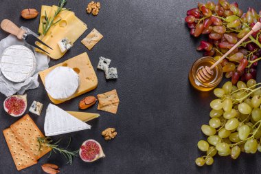 Güzel, lezzetli peynirli, parmesanlı, üzümlü ve incirli peynir. Tatilde şarap için atıştırmalıklar