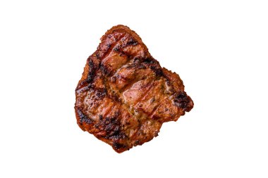 Domuz göğsü bifteği, ızgara fileto, sağlıklı yemek, öğle yemeği. Tasarımın için yemek arkaplanı olarak domuz bifteği