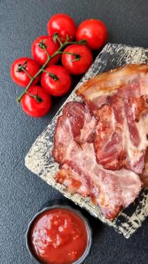 Lezzetli bir İngiliz kahvaltısının malzemesi olarak kızarmış domuz pastırması. Tasarımın için arka plan olarak kızarmış pastırma parçaları.