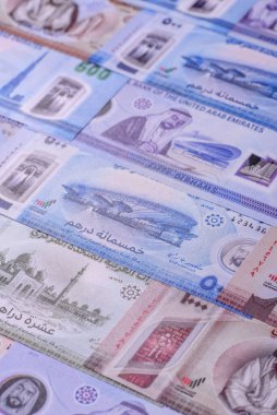 BAE parası, dirhem, finansal ve iş süreçleri için nakit Arap banknotları. Tasarımınız için finansal bir arkaplan olarak Emirlikler