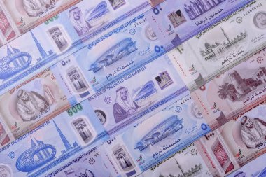 BAE parası, dirhem, finansal ve iş süreçleri için nakit Arap banknotları. Tasarımınız için finansal bir arkaplan olarak Emirlikler