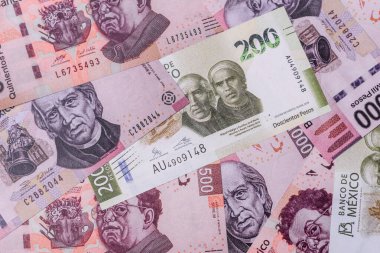 Meksika kağıt parası, çeşitli değerlerde pesolar. Tasarımın için Meksika parası bir iş geçmişi