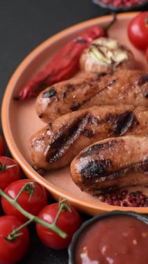 Sos ve baharatlı ızgara tavuk ya da sığır eti sosisi. Tasarımınız için yiyecek olarak ızgara sosis.