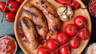 Sos ve baharatlı ızgara tavuk ya da sığır eti sosisi. Tasarımınız için yiyecek olarak ızgara sosis.